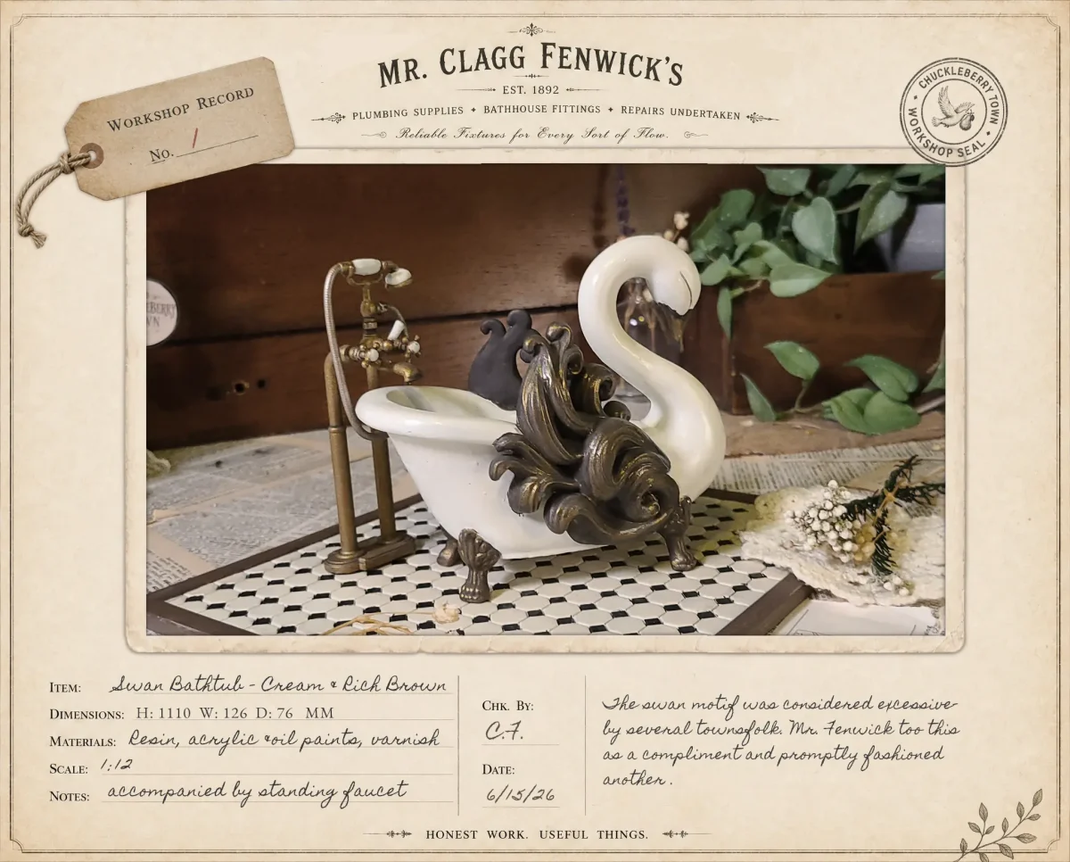 Hand-painted swan bathtub & faucet for 1:12 scale dollhouses by Dove & Pear. Storybook-inspired miniature appliances, fixtures, furniture and décor from Chuckleberry Town. Original Dove & Pear design.