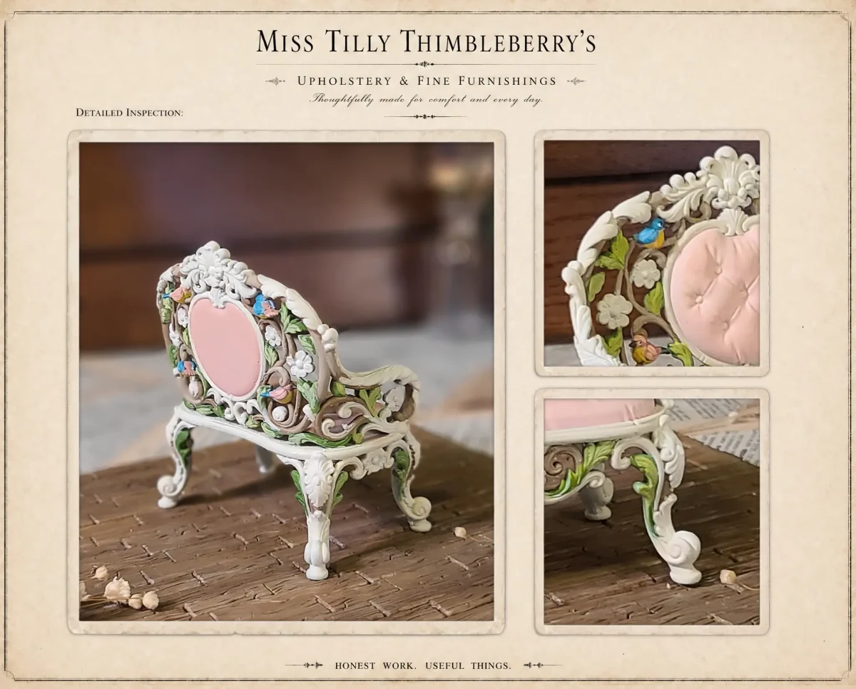 Whispering Garden Bench - Hand-painted dollhouse miniature Whispering Garden Bench – Hand-painted bench for 1:12 scale dollhouses by Dove & Pear. Storybook-inspired miniature appliances, fixtures, furniture and décor from Chuckleberry Town. Original Dove & Pear design.