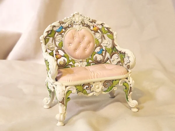 Whispering Garden Bench – Hand-painted bench for 1:12 scale dollhouses by Dove & Pear. Storybook-inspired miniature appliances, fixtures, furniture and décor from Chuckleberry Town. Original Dove & Pear design.