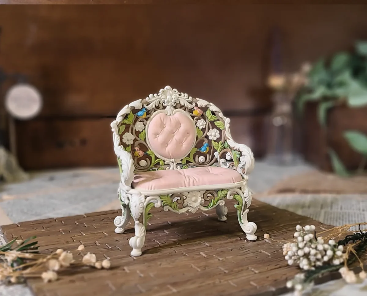 Whispering Garden Bench - Hand-painted dollhouse miniature Whispering Garden Bench – Hand-painted bench for 1:12 scale dollhouses by Dove & Pear. Storybook-inspired miniature appliances, fixtures, furniture and décor from Chuckleberry Town. Original Dove & Pear design.