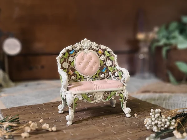 Whispering Garden Bench – Hand-painted bench for 1:12 scale dollhouses by Dove & Pear. Storybook-inspired miniature appliances, fixtures, furniture and décor from Chuckleberry Town. Original Dove & Pear design.