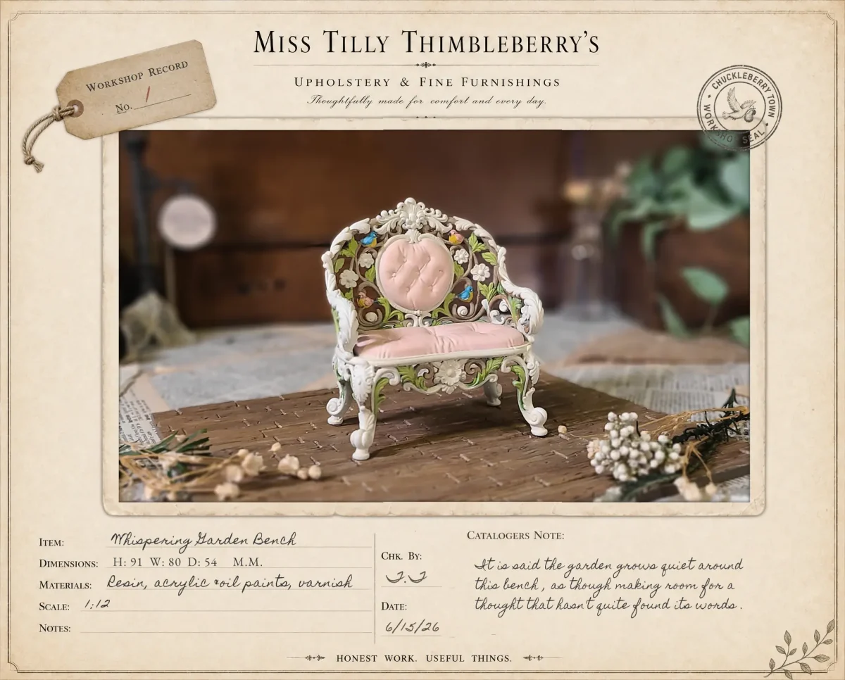Whispering Garden Bench - Hand-painted dollhouse miniature Whispering Garden Bench – Hand-painted bench for 1:12 scale dollhouses by Dove & Pear. Storybook-inspired miniature appliances, fixtures, furniture and décor from Chuckleberry Town. Original Dove & Pear design.