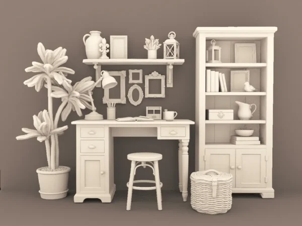 Writers Nook - home office furniture and decor. 3D printing STL file - Storybook-inspired dollhouse miniatures, appliances furniture, décor and building supplies. Original designs by Dove & Pear.