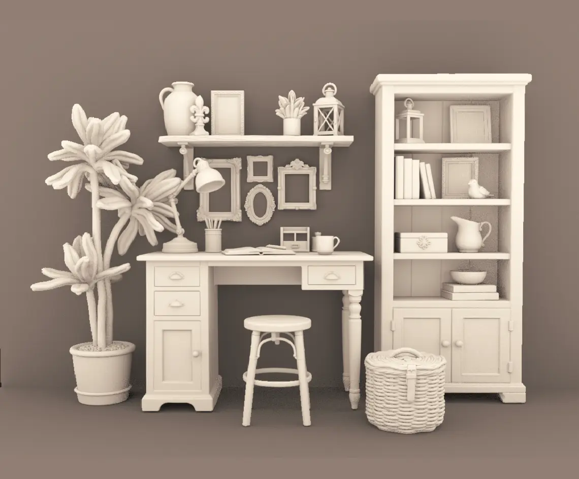 Writers Nook - home office furniture and decor. 3D printing STL file - Storybook-inspired dollhouse miniatures, appliances furniture, décor and building supplies. Original designs by Dove & Pear.