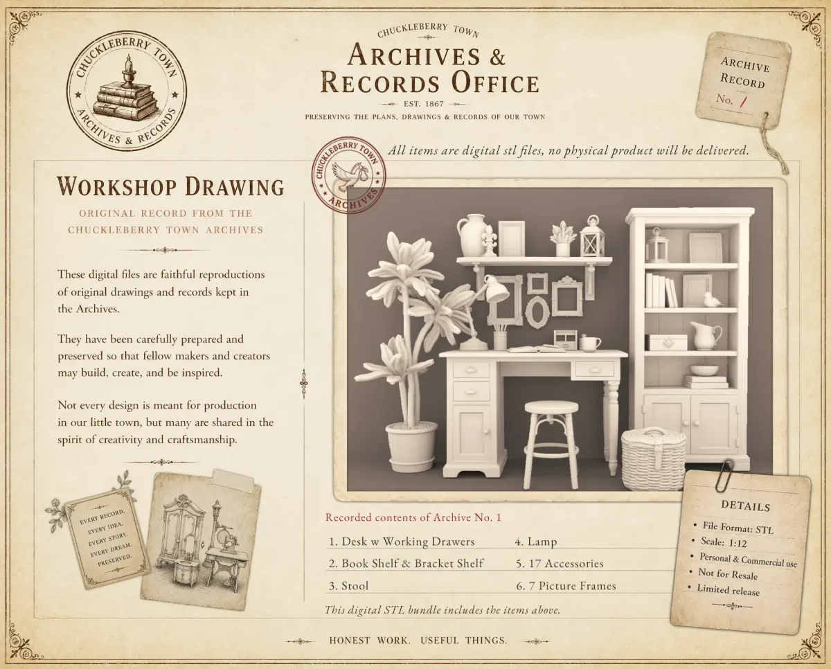 Writers Nook - home office furniture and decor. 3D printing STL file - Storybook-inspired dollhouse miniatures, appliances furniture, décor and building supplies. Original designs by Dove & Pear.