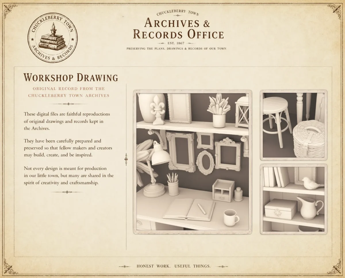 Writers Nook - home office furniture and decor. 3D printing STL file - Storybook-inspired dollhouse miniatures, appliances furniture, décor and building supplies. Original designs by Dove & Pear.