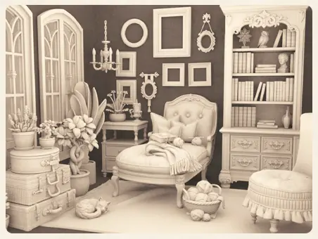 Tilly's Sitting Room - a cozy sitting room with a lounger and cat friend. Chuckleberry Town