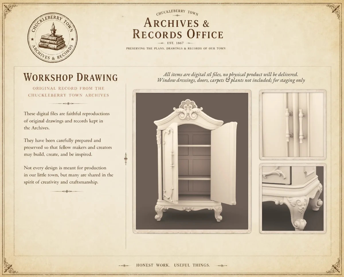 Archives 20 - French Armoire - Dollhouse STL Archives 20 - French Armoire - Dollhouse STL - home kitchen furniture and decor. 3D printing STL file - Storybook-inspired dollhouse miniatures, appliances furniture, décor and building supplies. Original designs by Dove & Pear.