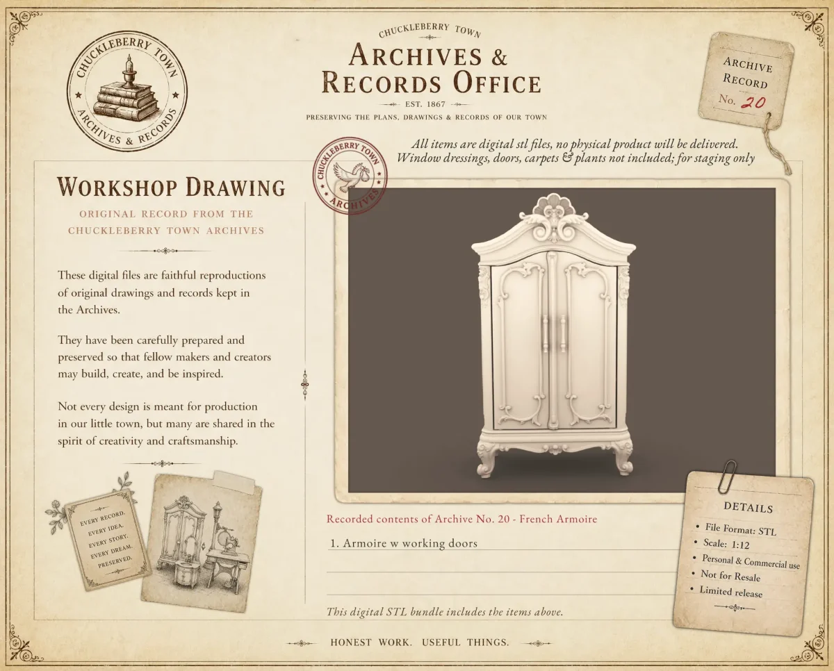 Archives 20 - French Armoire - Dollhouse STL Archives 20 - French Armoire - Dollhouse STL - home kitchen furniture and decor. 3D printing STL file - Storybook-inspired dollhouse miniatures, appliances furniture, décor and building supplies. Original designs by Dove & Pear.
