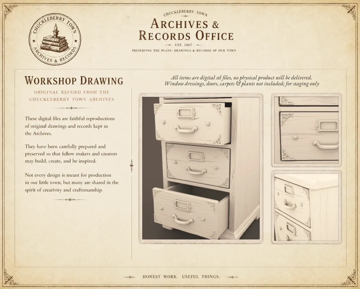 Archives 24 - Vintage Wood Filing Cabinet - Dollhouse STL Archives 24 - Vintage Wood Filing Cabinet - Dollhouse STL - home kitchen furniture and decor. 3D printing STL file - Storybook-inspired dollhouse miniatures, appliances furniture, décor and building supplies. Original designs by Dove & Pear.