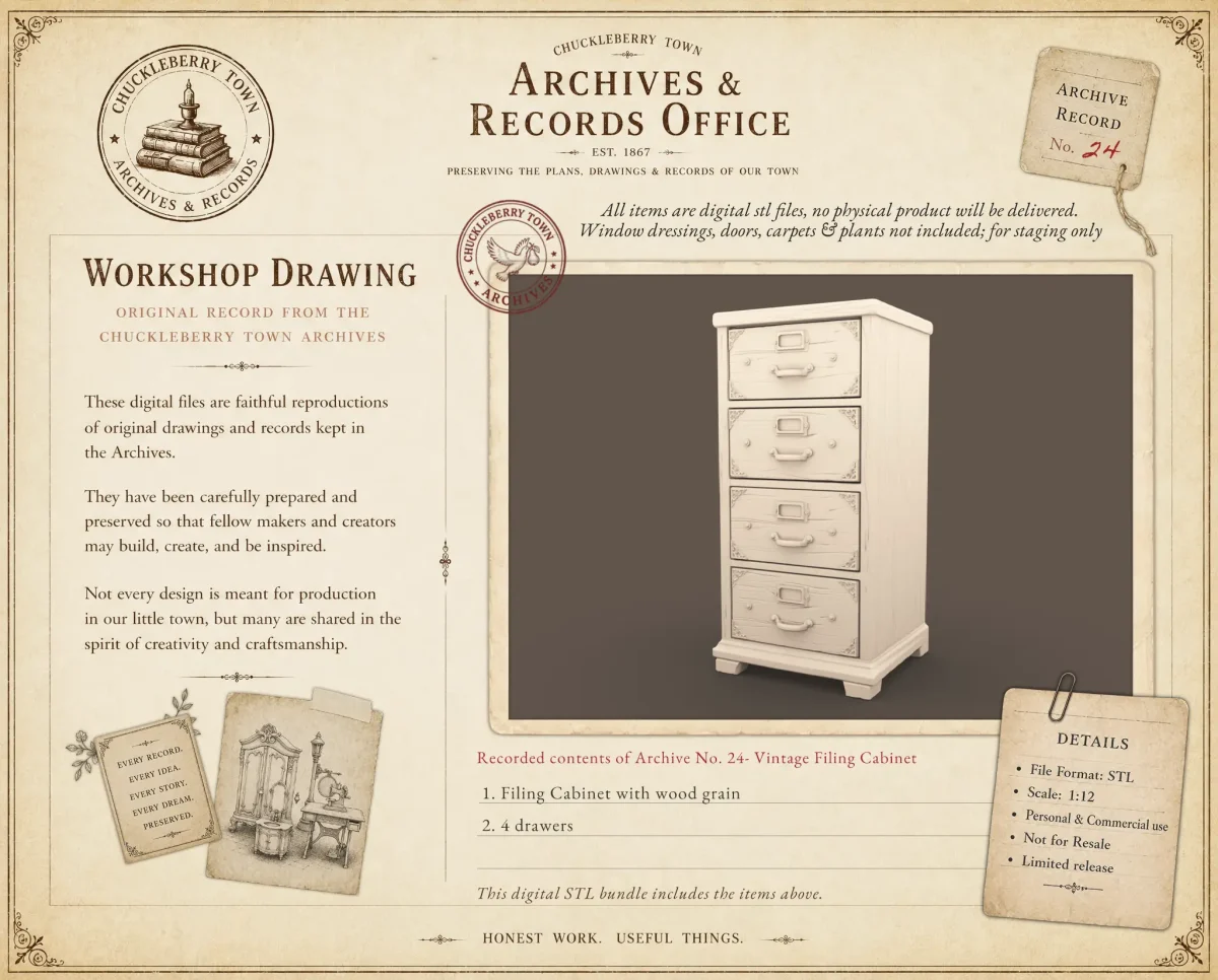 Archives 24 - Filing Cabinet Archives 24 Filing Cabinet - Dollhouse STL - home office, desk, furniture and decor. 3D printing STL file - Storybook-inspired dollhouse miniatures, appliances furniture, décor and building supplies. Original designs by Dove & Pear.