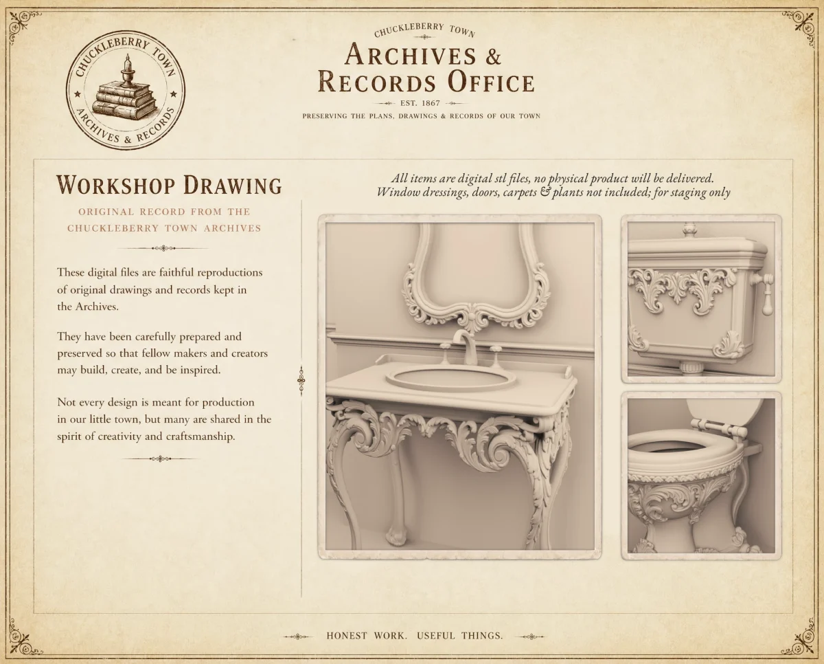 Archives 28 - Victorian Clawfoot Bathtub bathroom set - Dollhouse STL - bathroom set including bathtub, sink, toilet. 3D printing STL file - Storybook-inspired dollhouse miniatures, appliances furniture, décor and building supplies. Original designs by Dove & Pear.