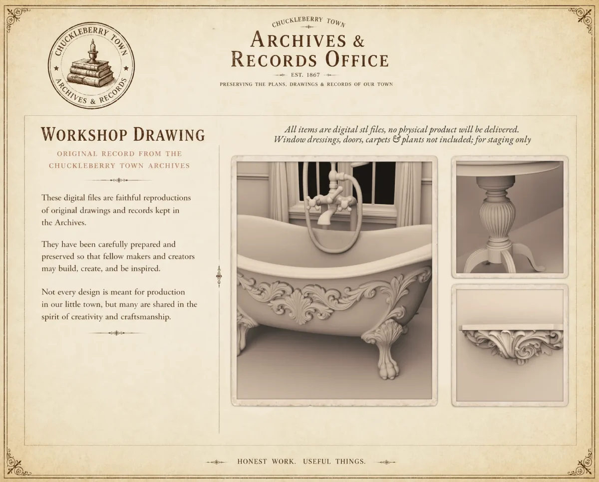 Archives 28 - Victorian Clawfoot Bathtub bathroom set - Dollhouse STL - bathroom set including bathtub, sink, toilet. 3D printing STL file - Storybook-inspired dollhouse miniatures, appliances furniture, décor and building supplies. Original designs by Dove & Pear.