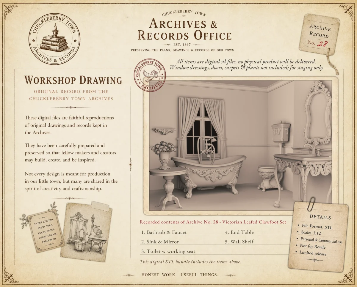 Archives 28 - Victorian Clawfoot Bathtub bathroom set - Dollhouse STL - bathroom set including bathtub, sink, toilet. 3D printing STL file - Storybook-inspired dollhouse miniatures, appliances furniture, décor and building supplies. Original designs by Dove & Pear.