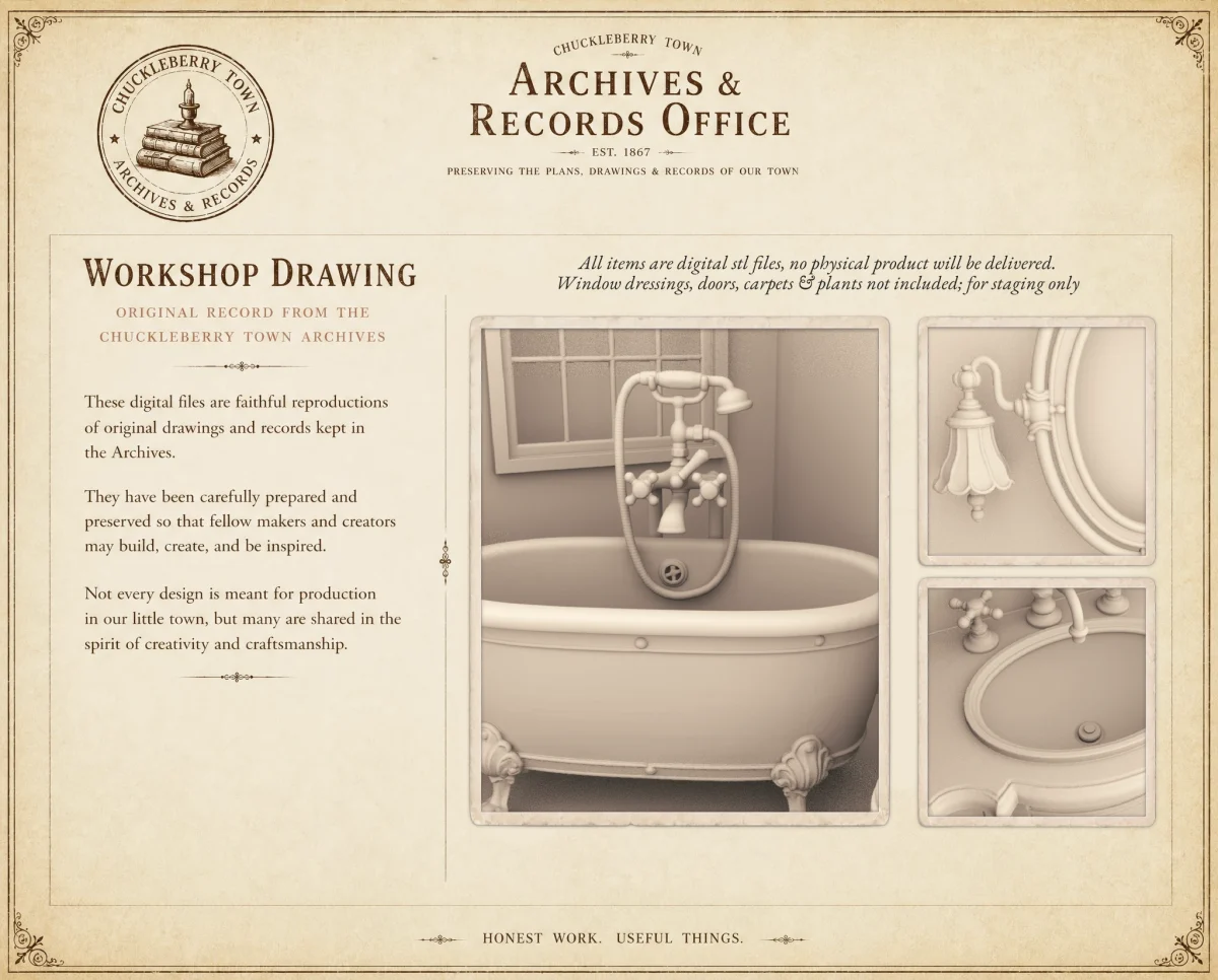 Archives 17 - Victorian Bathroom Set - Dollhouse STL Archives 17 - Victorian Bathroom Set - Dollhouse STL - home kitchen furniture and decor. 3D printing STL file - Storybook-inspired dollhouse miniatures, appliances furniture, décor and building supplies. Original designs by Dove & Pear.