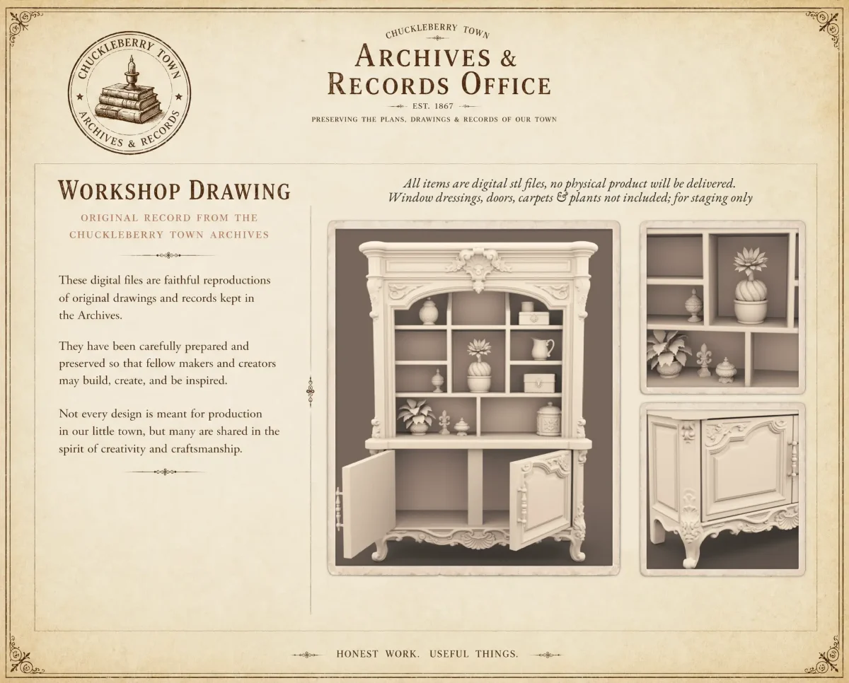 Archives 19 - French Cabinet - Dollhouse STL Archives 19 - French Cabinet - Dollhouse STL - shelf, cabinet, hutch, furniture and decor. 3D printing STL file - Storybook-inspired dollhouse miniatures, appliances furniture, décor and building supplies. Original designs by Dove & Pear.
