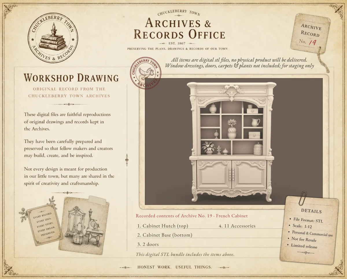 Archives 19 - French Cabinet - Dollhouse STL Archives 19 - French Cabinet - Dollhouse STL - shelf, cabinet, hutch, furniture and decor. 3D printing STL file - Storybook-inspired dollhouse miniatures, appliances furniture, décor and building supplies. Original designs by Dove & Pear.
