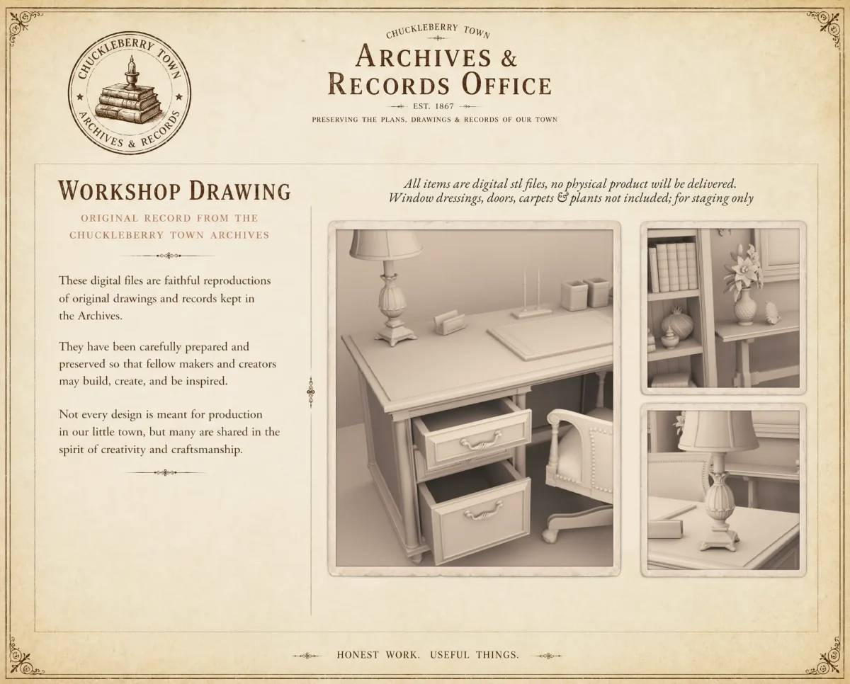 Archives 23 - Executive Home Office - Dollhouse STL - home office, desk, furniture and decor. 3D printing STL file - Storybook-inspired dollhouse miniatures, appliances furniture, décor and building supplies. Original designs by Dove & Pear.