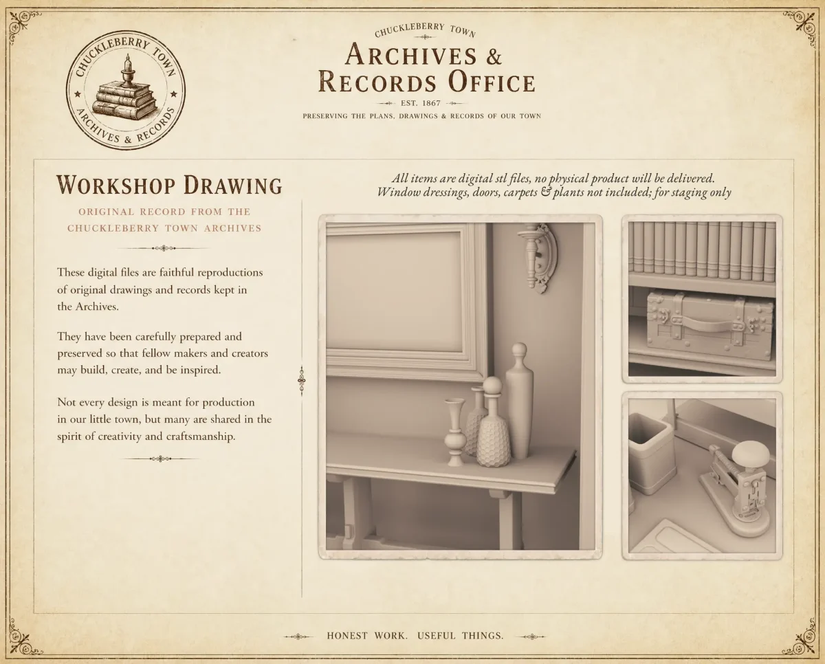 Archives 23 - Executive Home Office - Dollhouse STL - home office, desk, furniture and decor. 3D printing STL file - Storybook-inspired dollhouse miniatures, appliances furniture, décor and building supplies. Original designs by Dove & Pear.