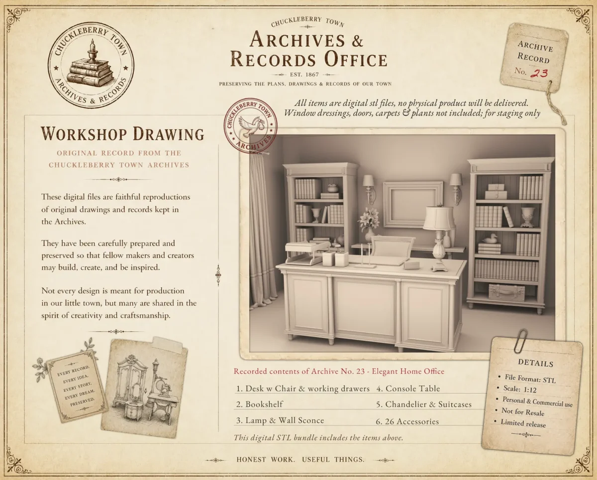 Archives 23 - Executive Home Office - Dollhouse STL - home office, desk, furniture and decor. 3D printing STL file - Storybook-inspired dollhouse miniatures, appliances furniture, décor and building supplies. Original designs by Dove & Pear.