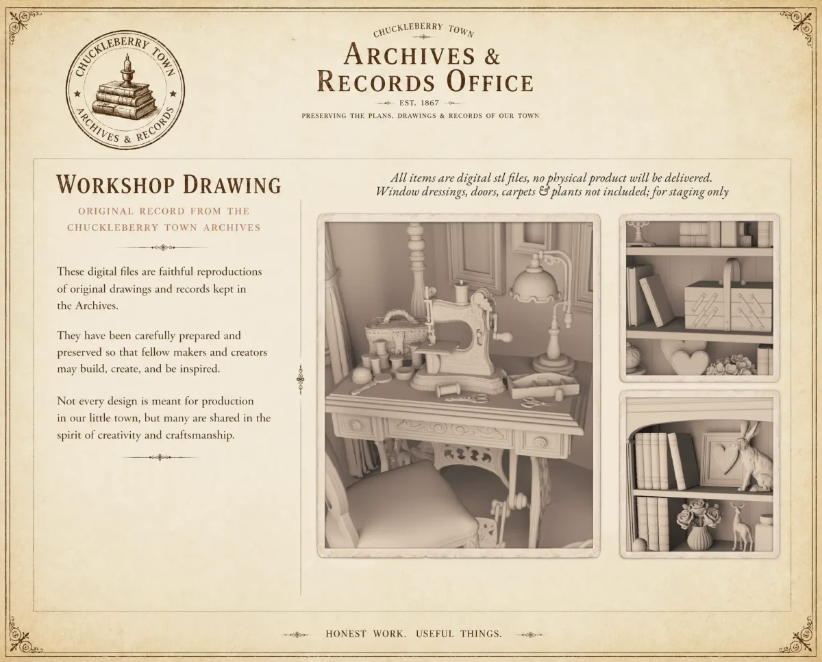 Archives 26 - Tillys Sewing Room - Dollhouse STL - craft room, desk, furniture and decor. 3D printing STL file - Storybook-inspired dollhouse miniatures, appliances furniture, décor and building supplies. Original designs by Dove & Pear.