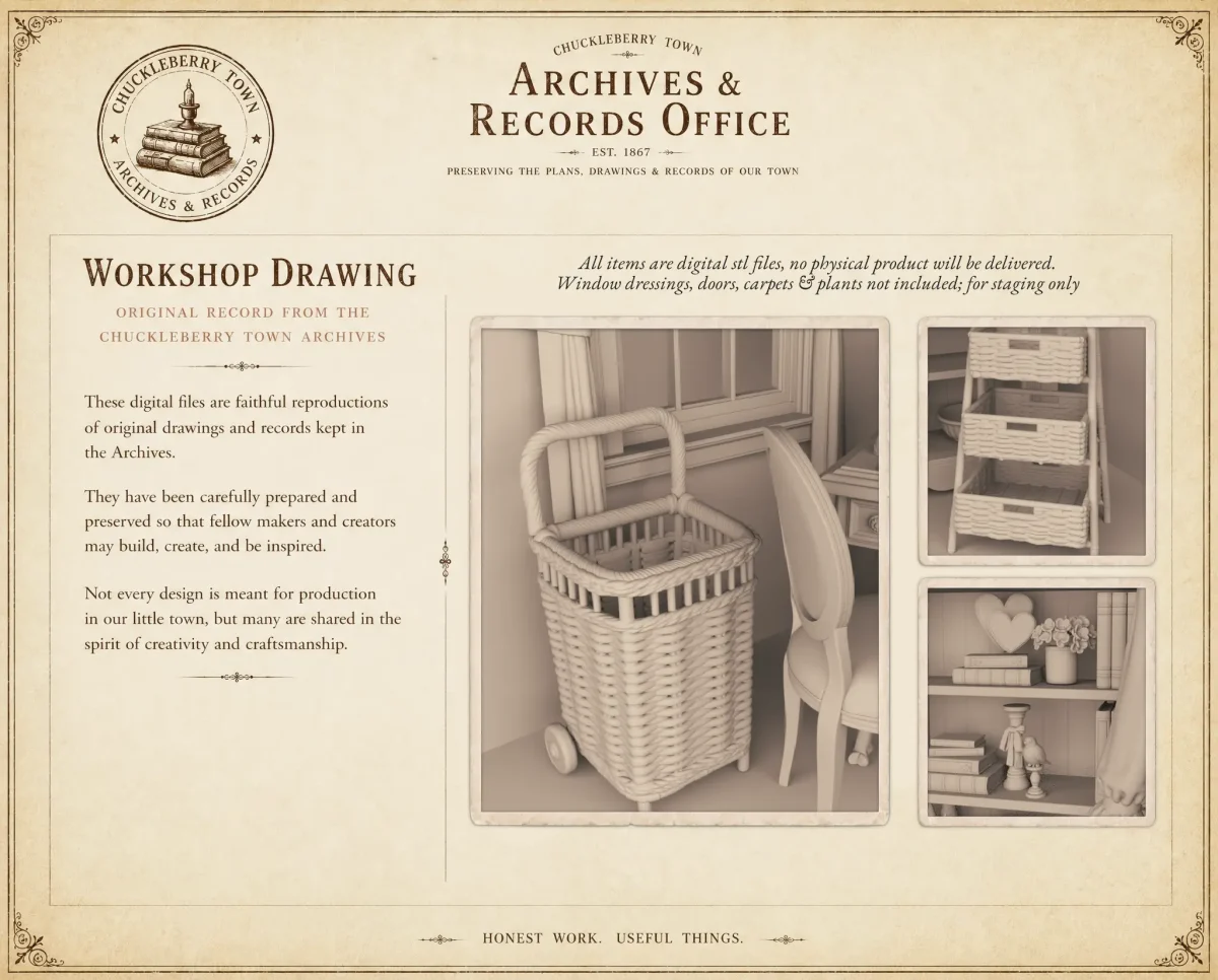 Archives 26 - Tillys Sewing Room - Dollhouse STL - craft room, desk, furniture and decor. 3D printing STL file - Storybook-inspired dollhouse miniatures, appliances furniture, décor and building supplies. Original designs by Dove & Pear.