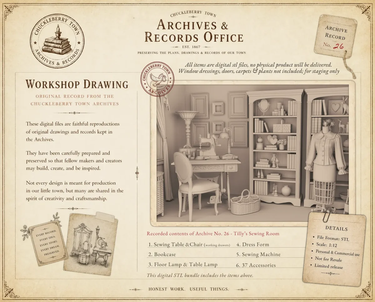 Archives 26 - Tillys Sewing Room - Dollhouse STL - craft room, desk, furniture and decor. 3D printing STL file - Storybook-inspired dollhouse miniatures, appliances furniture, décor and building supplies. Original designs by Dove & Pear.