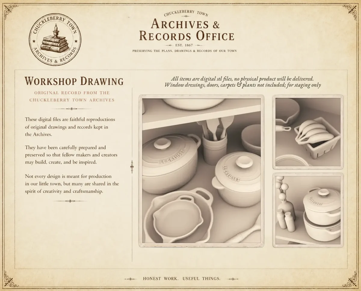 Archives 25 - Cast Iron Enamel Cookware Set - Dollhouse STL - home office, desk, furniture and decor. 3D printing STL file - Storybook-inspired dollhouse miniatures, appliances furniture, décor and building supplies. Original designs by Dove & Pear.