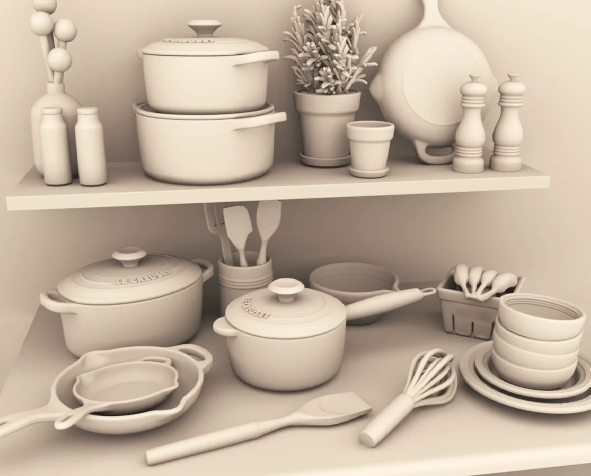 Archives 25 - Cast Iron Enamel Cookware Set - Dollhouse STL - home office, desk, furniture and decor. 3D printing STL file - Storybook-inspired dollhouse miniatures, appliances furniture, décor and building supplies. Original designs by Dove & Pear.