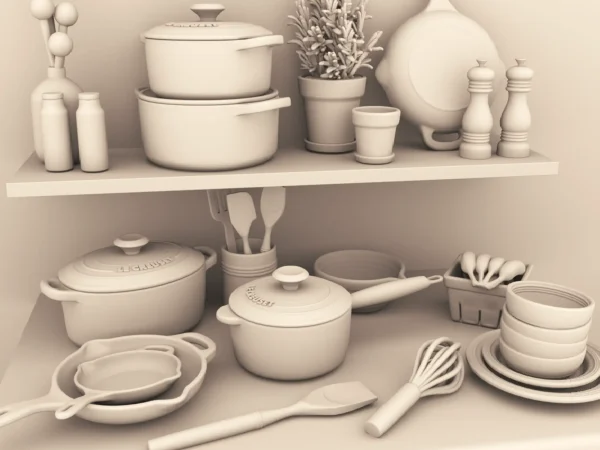 Archives 25 - Cast Iron Enamel Cookware Set - Dollhouse STL - home office, desk, furniture and decor. 3D printing STL file - Storybook-inspired dollhouse miniatures, appliances furniture, décor and building supplies. Original designs by Dove & Pear.