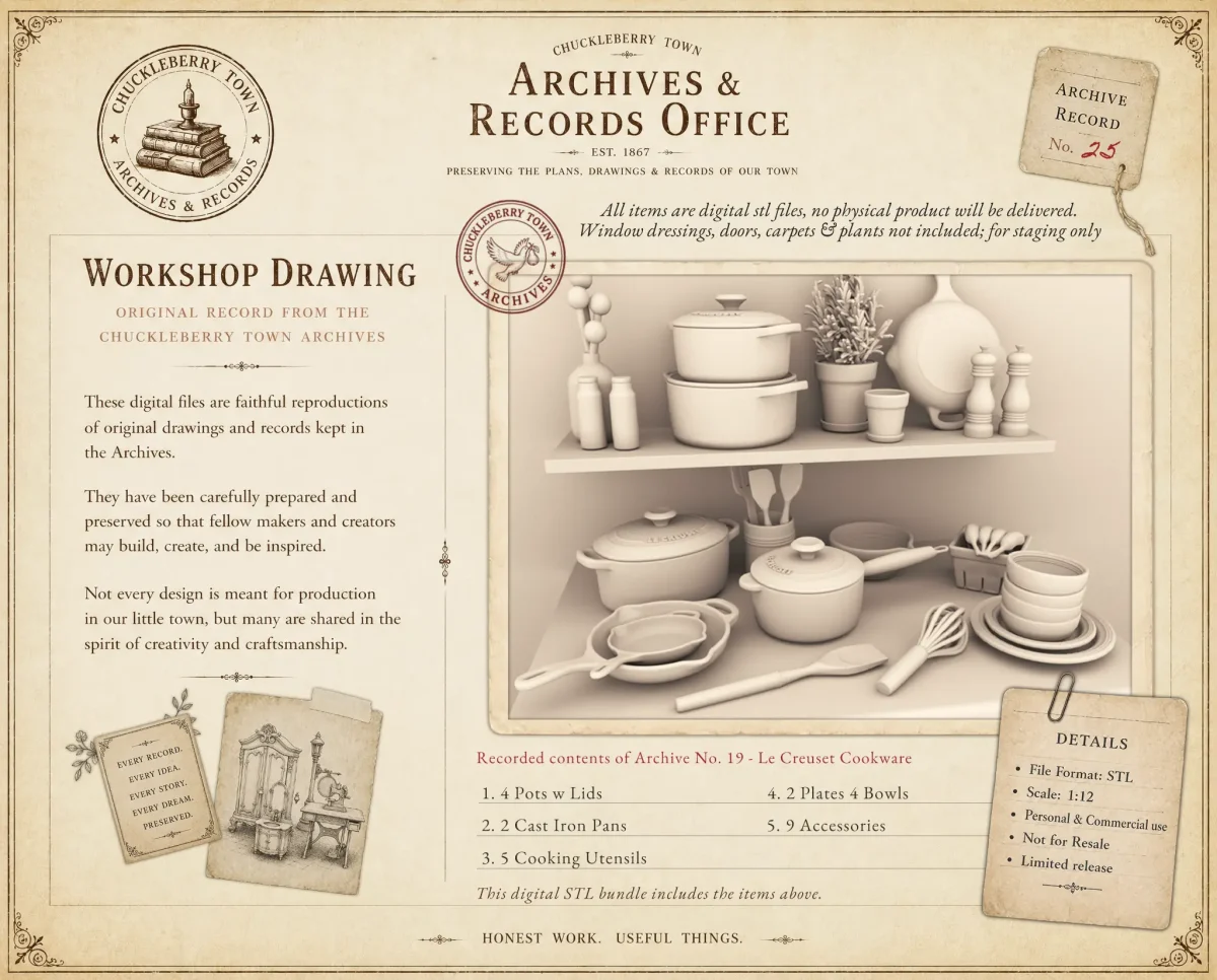 Archives 25 - Cast Iron Enamel Cookware Set - Dollhouse STL - home office, desk, furniture and decor. 3D printing STL file - Storybook-inspired dollhouse miniatures, appliances furniture, décor and building supplies. Original designs by Dove & Pear.