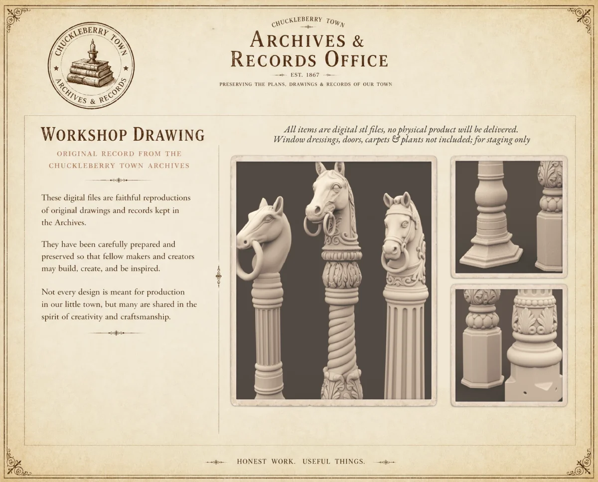 Archives 27 - Victorian Horse Head Hitching Post - Dollhouse STL - outdoor post and decor. 3D printing STL file - Storybook-inspired dollhouse miniatures, appliances furniture, décor and building supplies. Original designs by Dove & Pear.