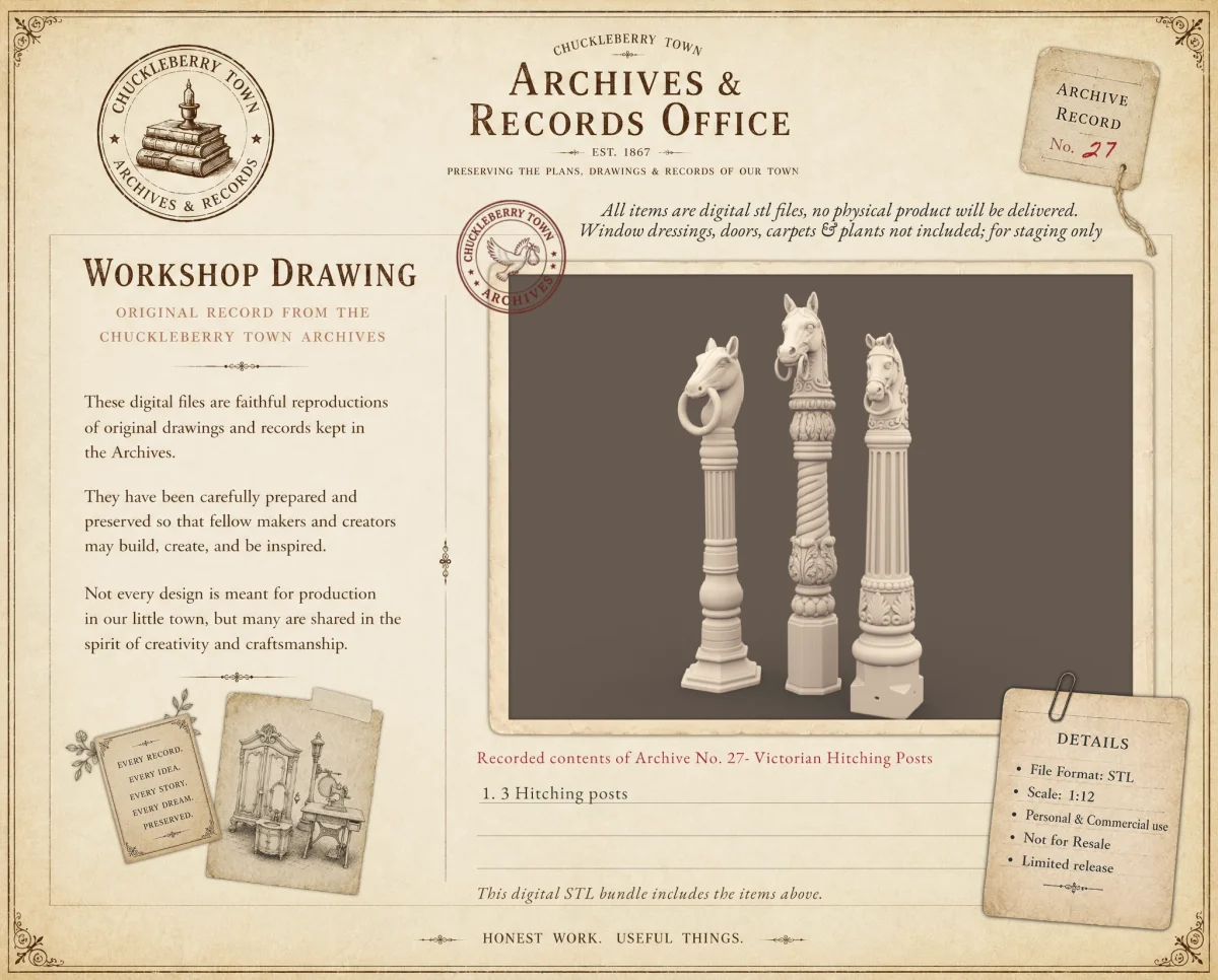Archives 27 - Victorian Horse Head Hitching Post - Dollhouse STL - outdoor post and decor. 3D printing STL file - Storybook-inspired dollhouse miniatures, appliances furniture, décor and building supplies. Original designs by Dove & Pear.