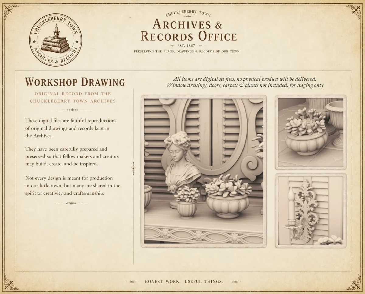 Archives 30 - The Conservatory Corner - Dollhouse STL - table, shutter doors and victorian style planter pots. 3D printing STL file - Storybook-inspired dollhouse miniatures, appliances furniture, décor and building supplies. Original designs by Dove & Pear.