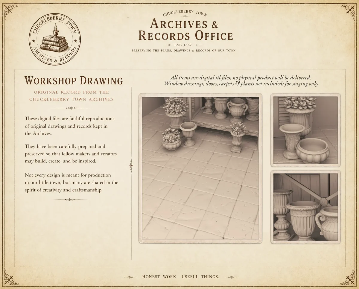 Archives 30 - The Conservatory Corner - Dollhouse STL - table, shutter doors and victorian style planter pots. 3D printing STL file - Storybook-inspired dollhouse miniatures, appliances furniture, décor and building supplies. Original designs by Dove & Pear.