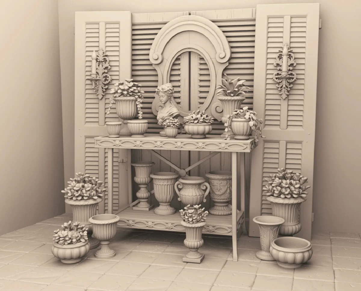 Archives 30 - The Conservatory Corner - Dollhouse STL - table, shutter doors and victorian style planter pots. 3D printing STL file - Storybook-inspired dollhouse miniatures, appliances furniture, décor and building supplies. Original designs by Dove & Pear.