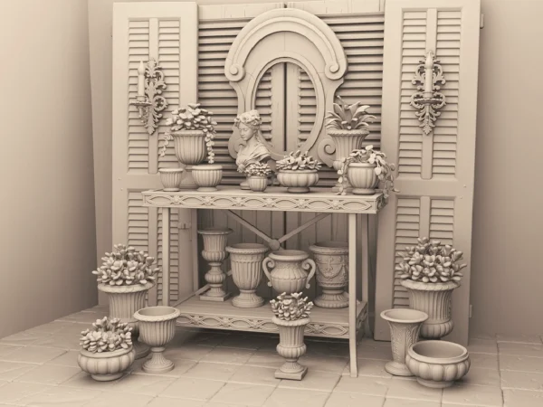 Archives 30 - The Conservatory Corner - Dollhouse STL - table, shutter doors and victorian style planter pots. 3D printing STL file - Storybook-inspired dollhouse miniatures, appliances furniture, décor and building supplies. Original designs by Dove & Pear.