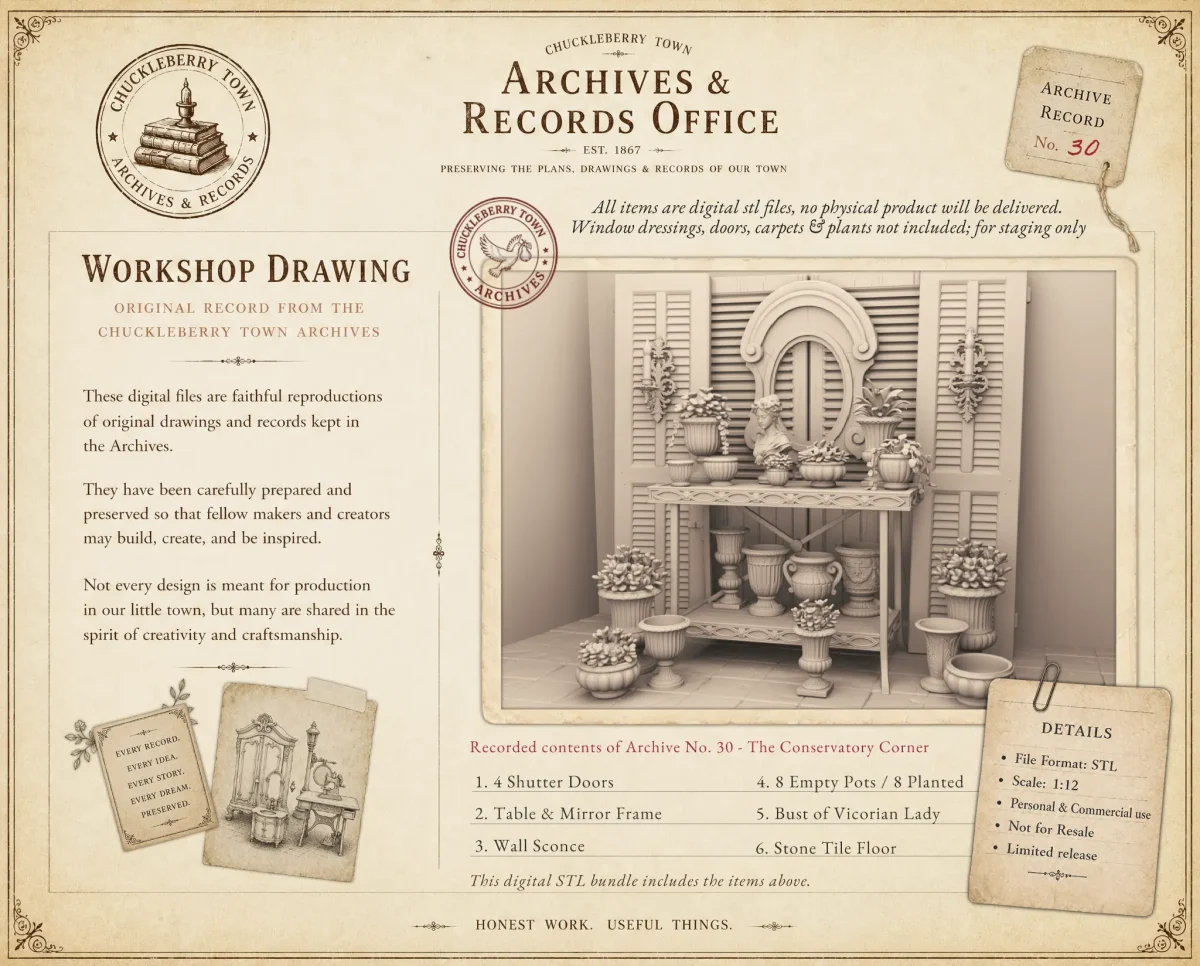 Archives 30 - The Conservatory Corner - Dollhouse STL - table, shutter doors and victorian style planter pots. 3D printing STL file - Storybook-inspired dollhouse miniatures, appliances furniture, décor and building supplies. Original designs by Dove & Pear.
