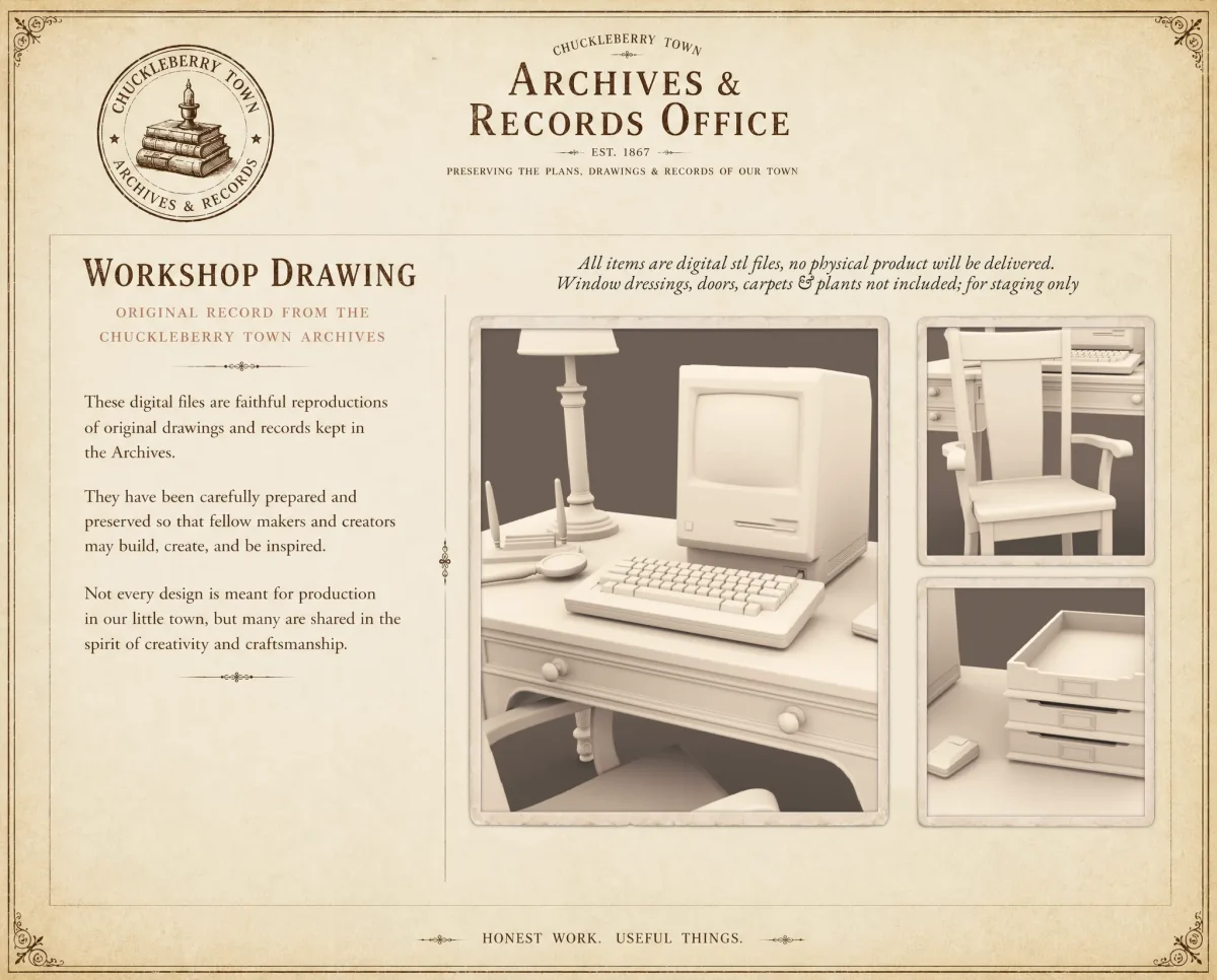 Archives 29 - Vintage Computer Desk - Dollhouse STL - desk, chair and accessories for a vintage home office aesthetic. 3D printing STL file - Storybook-inspired dollhouse miniatures, appliances furniture, décor and building supplies. Original designs by Dove & Pear.