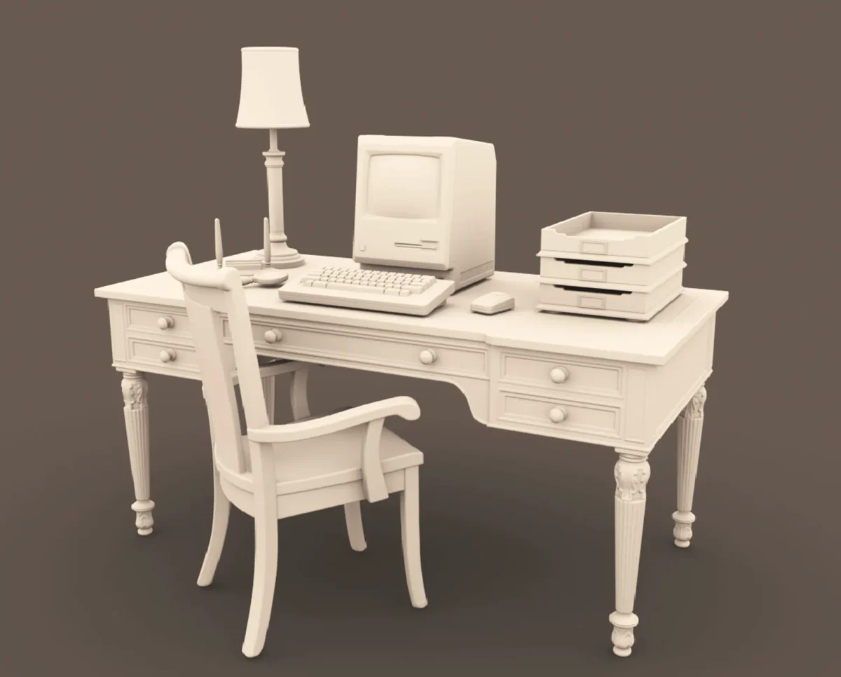 Archives 29 - Vintage Computer Desk - Dollhouse STL - desk, chair and accessories for a vintage home office aesthetic. 3D printing STL file - Storybook-inspired dollhouse miniatures, appliances furniture, décor and building supplies. Original designs by Dove & Pear.