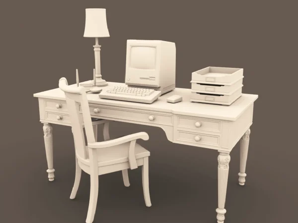 Archives 29 - Vintage Computer Desk - Dollhouse STL - desk, chair and accessories for a vintage home office aesthetic. 3D printing STL file - Storybook-inspired dollhouse miniatures, appliances furniture, décor and building supplies. Original designs by Dove & Pear.