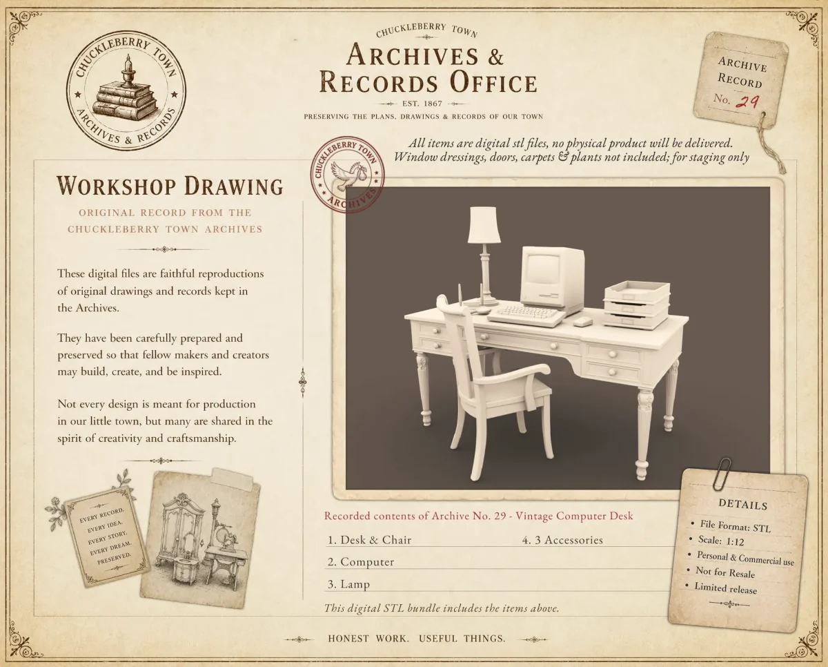 Archives 29 - Vintage Computer Desk - Dollhouse STL - desk, chair and accessories for a vintage home office aesthetic. 3D printing STL file - Storybook-inspired dollhouse miniatures, appliances furniture, décor and building supplies. Original designs by Dove & Pear.