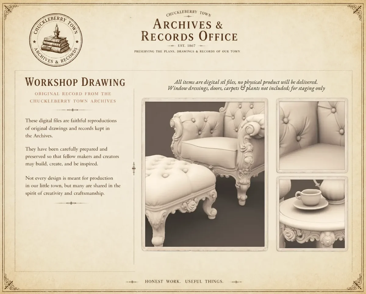 Archives 31 - Rose Tea Chair Archives 31 - Rose Tea Chair - Dollhouse STL - chair, table, ottoman and tea set 3D printing STL file - Storybook-inspired dollhouse miniatures, appliances furniture, décor and building supplies. Original designs by Dove & Pear.