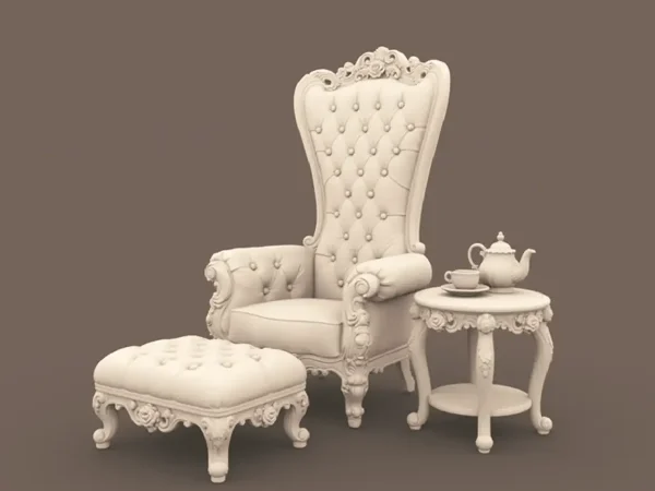 Archives 31 - Rose Tea Chair - Dollhouse STL - chair, table, ottoman and tea set 3D printing STL file - Storybook-inspired dollhouse miniatures, appliances furniture, décor and building supplies. Original designs by Dove & Pear.