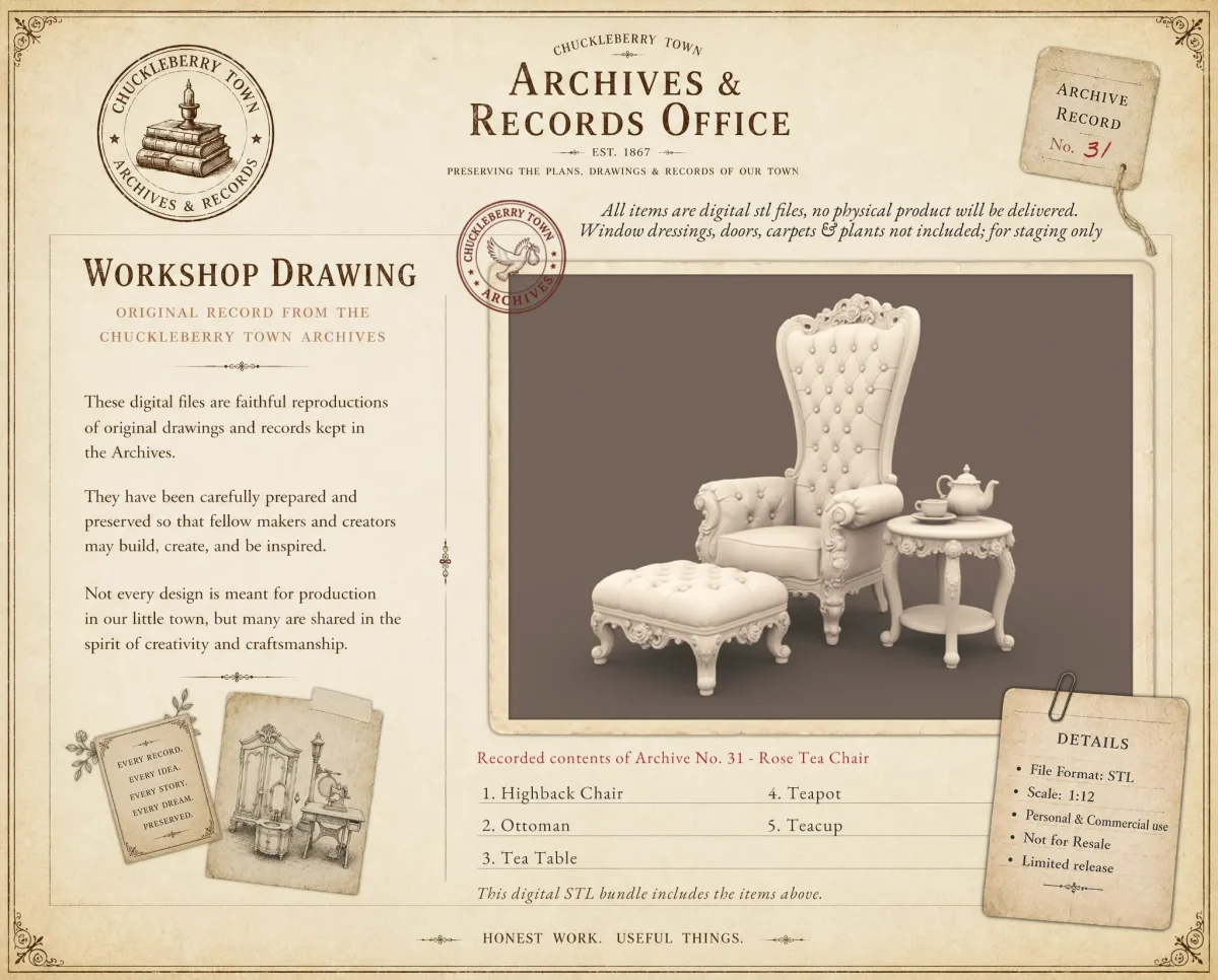 Archives 31 - Rose Tea Chair Archives 31 - Rose Tea Chair - Dollhouse STL - chair, table, ottoman and tea set 3D printing STL file - Storybook-inspired dollhouse miniatures, appliances furniture, décor and building supplies. Original designs by Dove & Pear.