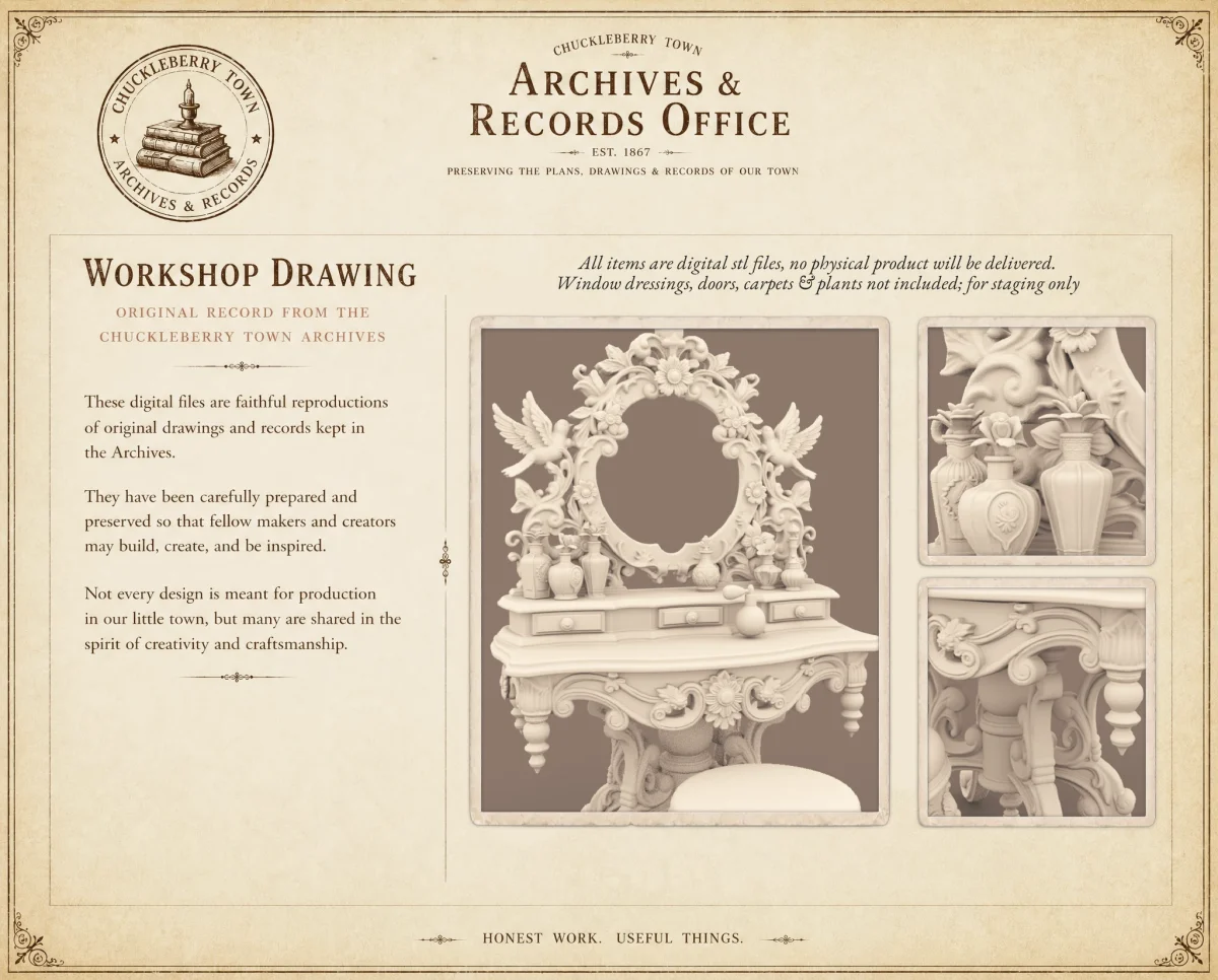 Archives 37 - Victorian Birds Vanity Set- Dollhouse STL - vanity table & stool set 3D printing STL file - Storybook-inspired dollhouse miniatures, appliances furniture, décor and building supplies. Original designs by Dove & Pear.