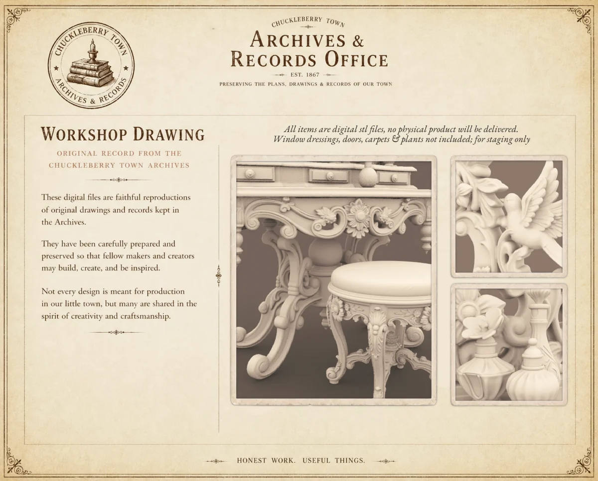 Archives 37 - Victorian Birds Vanity Set- Dollhouse STL - vanity table & stool set 3D printing STL file - Storybook-inspired dollhouse miniatures, appliances furniture, décor and building supplies. Original designs by Dove & Pear.