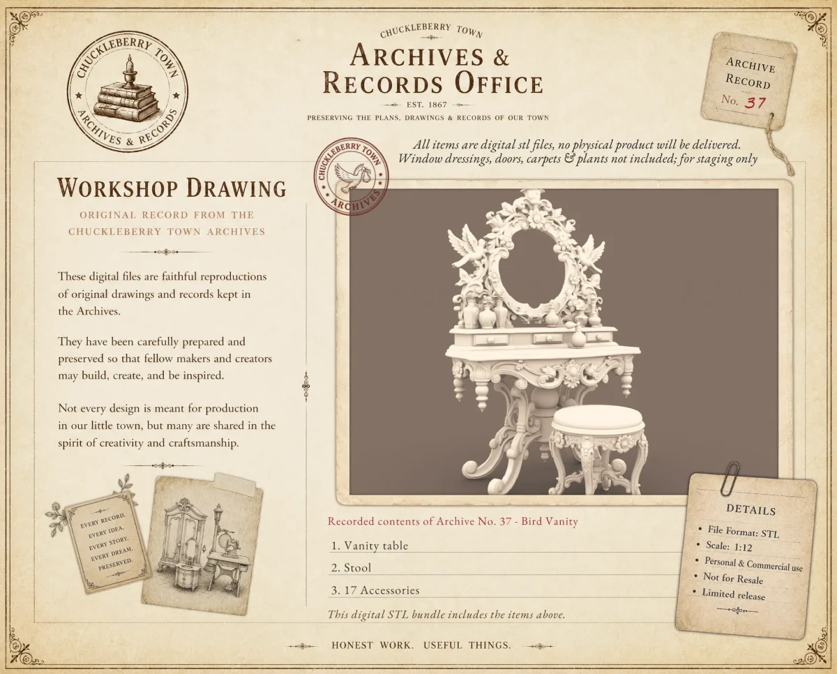 Archives 37 - Victorian Birds Vanity Set- Dollhouse STL - vanity table & stool set 3D printing STL file - Storybook-inspired dollhouse miniatures, appliances furniture, décor and building supplies. Original designs by Dove & Pear.