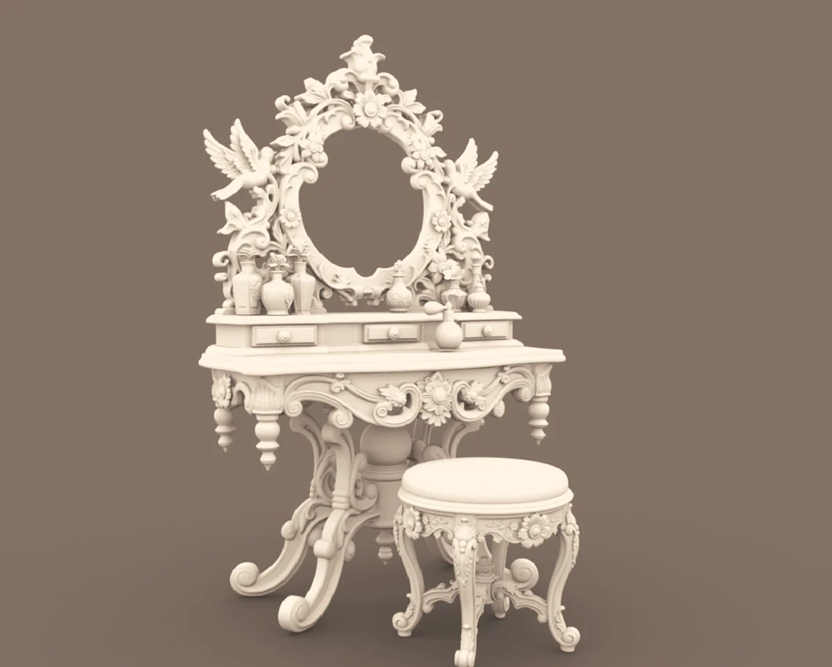 Archives 37 - Victorian Birds Vanity Set- Dollhouse STL - vanity table & stool set 3D printing STL file - Storybook-inspired dollhouse miniatures, appliances furniture, décor and building supplies. Original designs by Dove & Pear.