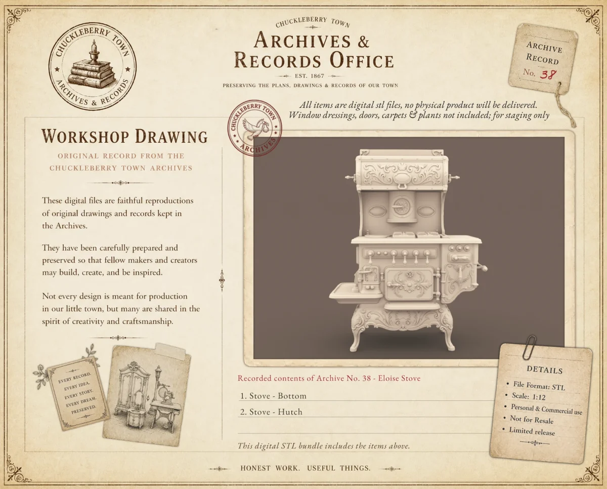 Archives 38 - Eloise Victorian style dollhouse stove 3D printing STL file - Storybook-inspired dollhouse miniatures, appliances furniture, décor and building supplies. Original designs by Dove & Pear.